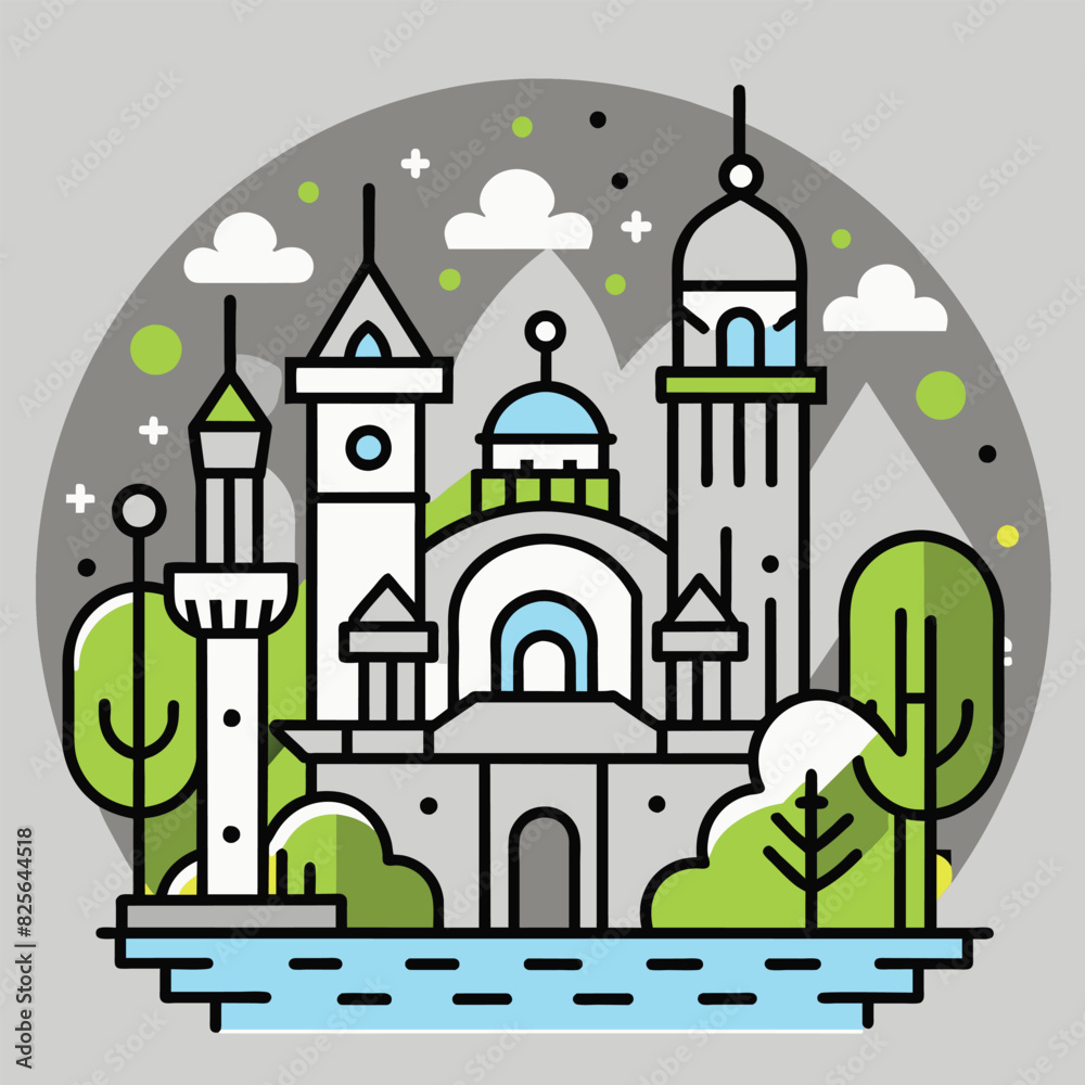 Line Art Illustration of a Cityscape with Buildings, Trees, and Water Line Art Illustration of a Cityscape with Buildings, Trees, and Water