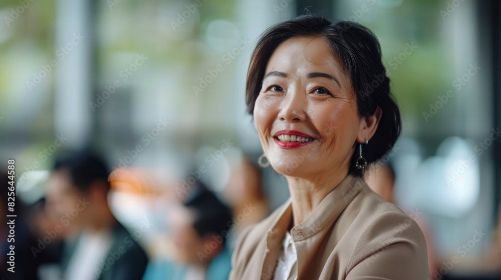 A Middle-Aged Asian Woman Happily Attends A Job Retraining Course, High Quality A Middle-Aged Asian Woman Happily Attends A Job Retraining Course, High Quality