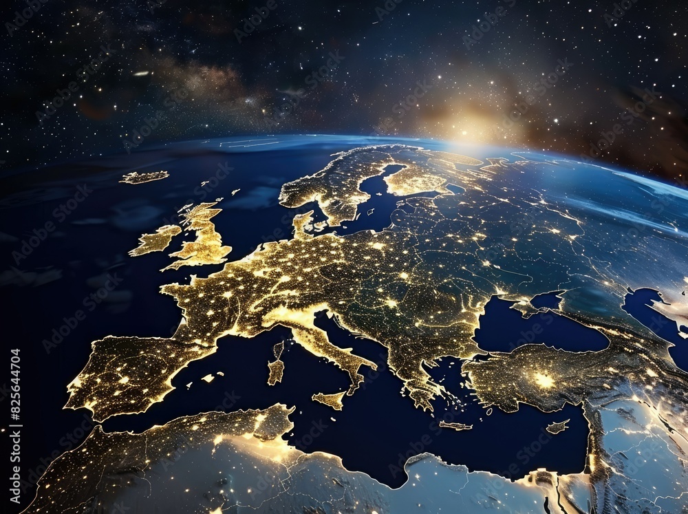 a stunning nighttime view of the earth's surface illuminated by the bright lights of city lights, set against a clear blue sky a stunning nighttime view of the earth's surface illuminated by the bright lights of city lights, set against a clear blue sky