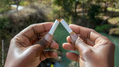 A person holds a cigarette in hands and breaks it in two, symbol of someone's decision to quit smoking. Stopping cigarette use and tobacco free lifestyle illustration, in beautiful nature background photo