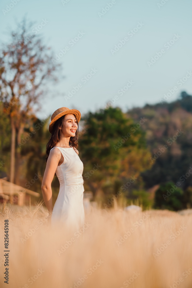 A woman in a white dress stands in a field of tall grass. She is wearing a straw hat and smiling. The scene is peaceful and serene, with the woman looking out over the grassy field