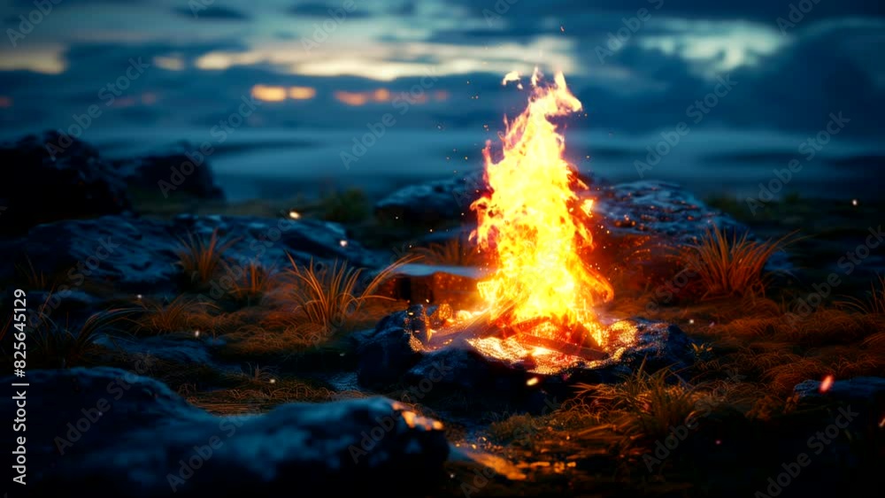 Campfire on Hilltop Overlooking Valley and Sunset Sky in Summer, Looping Time-Lapse Video Campfire on Hilltop Overlooking Valley and Sunset Sky in Summer, Looping Time-Lapse Video