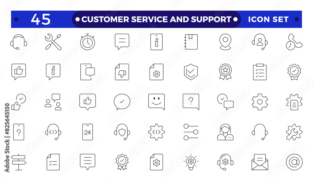 Customer Service and Support - Outline Icon Collection.Thin-line modern style of customer service icons: feedback, technical support, assistance, information, and more. Customer Service and Support - Outline Icon Collection.Thin-line modern style of customer service icons: feedback, technical support, assistance, information, and more.