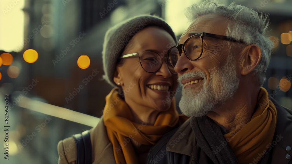 A decent old age. A candid portrait of a happy married couple. An elderly man and a woman with glasses smile at the camera