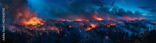 A panoramic view of the fire, showing flames engulfing an entire forest inhemletland . The sky is dark and swirling smoke rises from behind trees on hillsides , creating dramatic shadows on a night wi photo