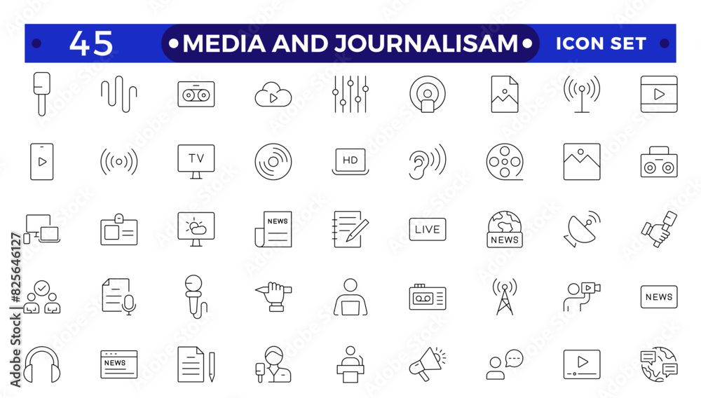 Journalism and mass media outline icon set. Vector illustration. Containing microphone, journalist, press conference, newspaper social networks, public communication, and networking. Journalism and mass media outline icon set. Vector illustration. Containing microphone, journalist, press conference, newspaper social networks, public communication, and networking.