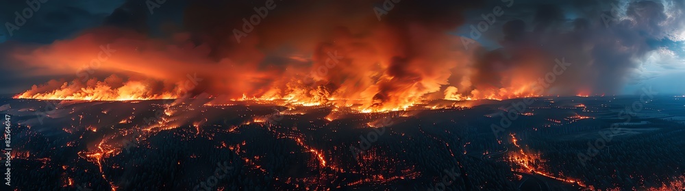 Naklejka premium A panoramic view of the forest fire, with flames engulfing large areas and billowing smoke filling the sky. The night is dark, creating an ominous atmosphere. High contrast photography, shot from abov