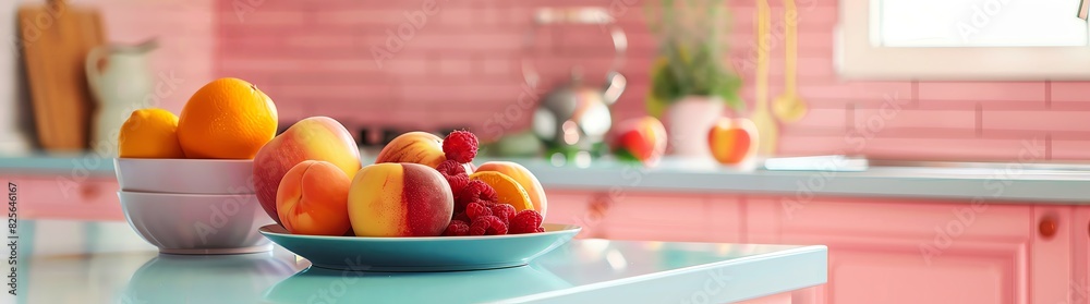 Bright pink kitchen interior with light blue countertop and an apple, orange and grapefruit on a plate. Copy space for a design banner or magazine cover. Blurred background. Minimal concept of healthy Bright pink kitchen interior with light blue countertop and an apple, orange and grapefruit on a plate. Copy space for a design banner or magazine cover. Blurred background. Minimal concept of healthy