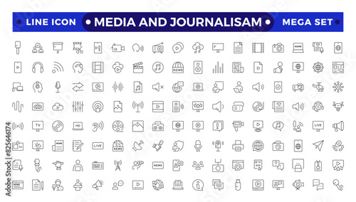 Journalism and mass media outline icon set. Vector illustration. Containing  microphone, journalist, press conference, newspaper social networks, public communication, and networking.