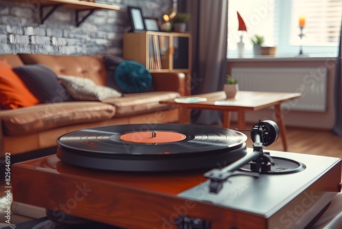 Retro Vinyl Record Player in Cozy Living Room Setting