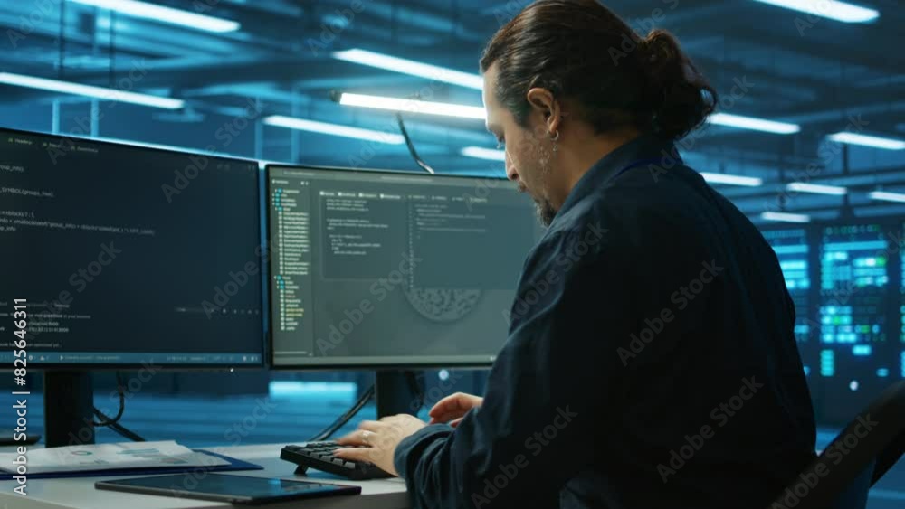 System admin focused on programming in server room housing advanced equipment storing massive datasets. Developer typing code on PC to mend data center racks doing complex computational operations System admin focused on programming in server room housing advanced equipment storing massive datasets. Developer typing code on PC to mend data center racks doing complex computational operations