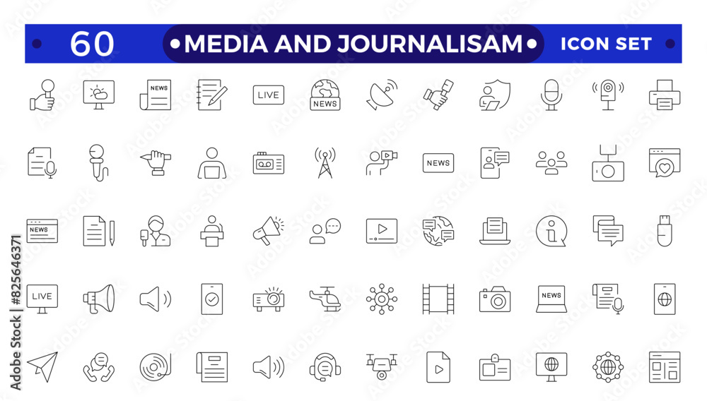 Journalism and mass media outline icon set. Vector illustration. Containing microphone, journalist, press conference, newspaper social networks, public communication, and networking. Journalism and mass media outline icon set. Vector illustration. Containing microphone, journalist, press conference, newspaper social networks, public communication, and networking.