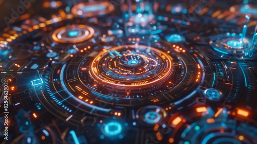 A futuristic, highly detailed interface resembling a sci-fi control panel or dashboard. It features concentric circles, glowing lines, and illuminated nodes in vibrant blue and orange colors.