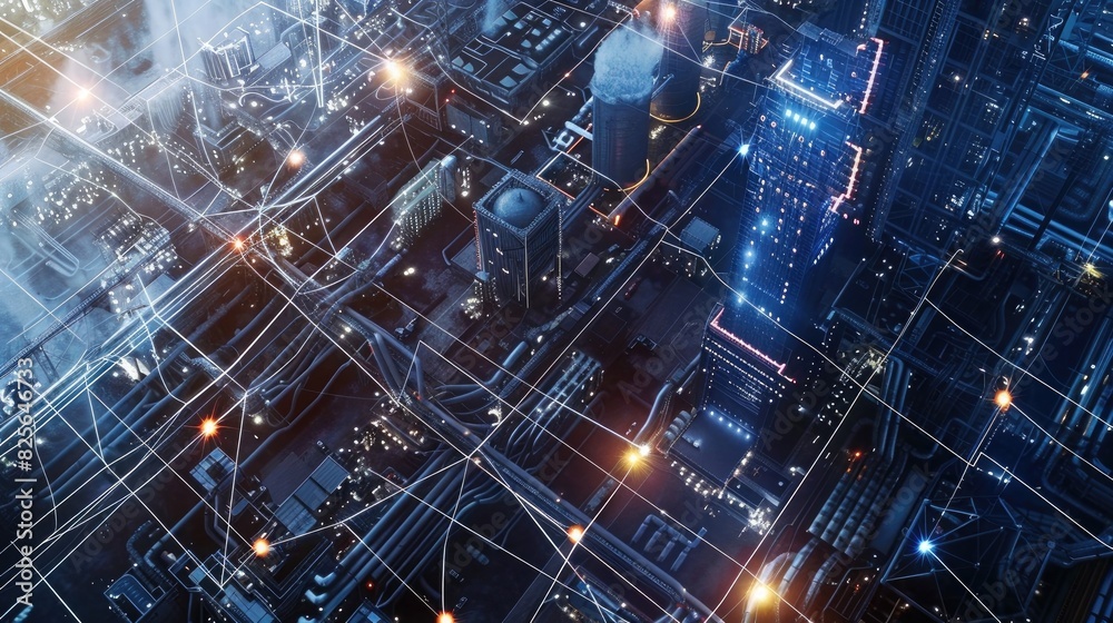 Digital city with digital connections and technology on the background of an aerial view of industrial buildings, smart grid system for sustainable energy , photo realistic