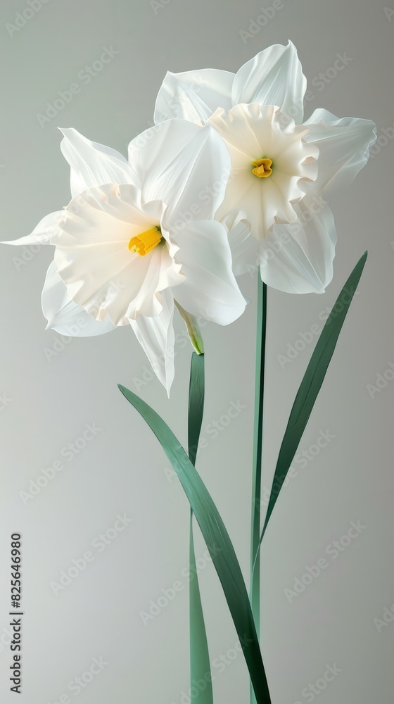 A daffodil flower with two blooms, simple background, white and green color palette, paper sculpture. A daffodil flower with two blooms, simple background, white and green color palette, paper sculpture.