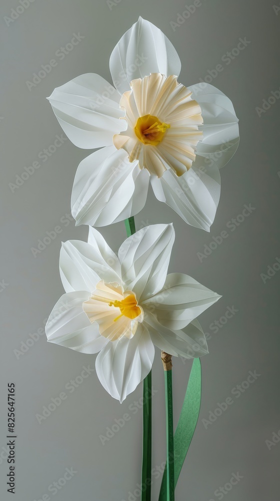 Obraz premium A daffodil flower with two blooms, simple background, white and green color palette, paper sculpture.