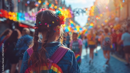 A family with children wearing rainbow attire, participating in an LGBTQ pride parade and enjoying the festivities photo
