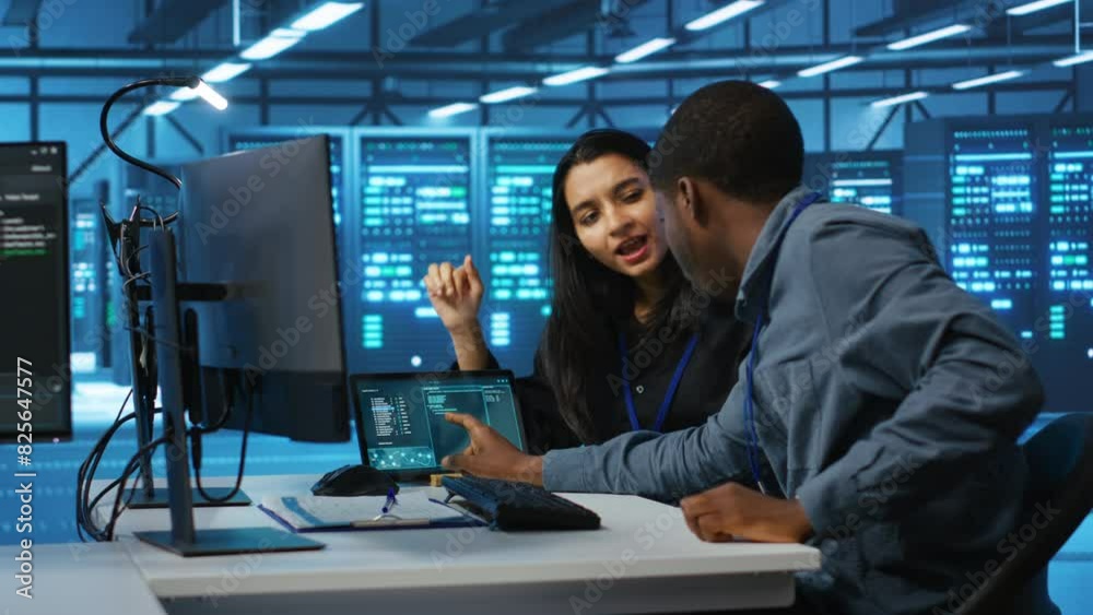 Multiethnic coworkers doing system analysis of server farm supercomputers using tablet. Diverse team of engineers looking at parameters in data center housing storage infrastructure
