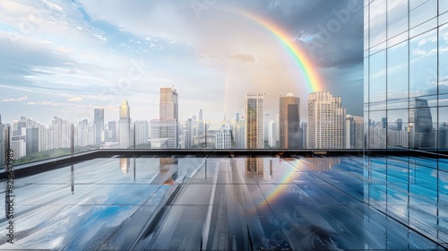 Urban Rainbow: A vibrant rainbow arching over a modern city skyline, with tall skyscrapers and a bustling urban landscape beneath a clear blue sky.