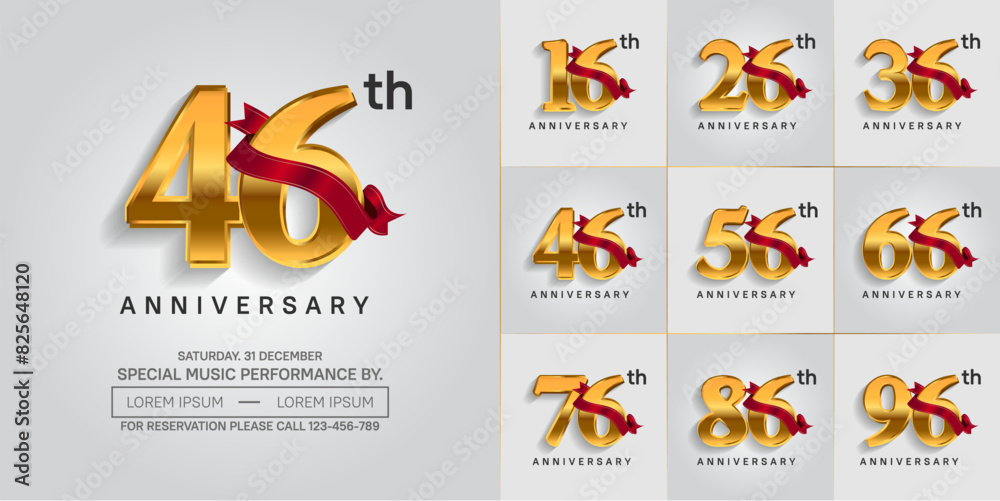 anniversary logotype set vector, golden color and red ribbon for special day celebration