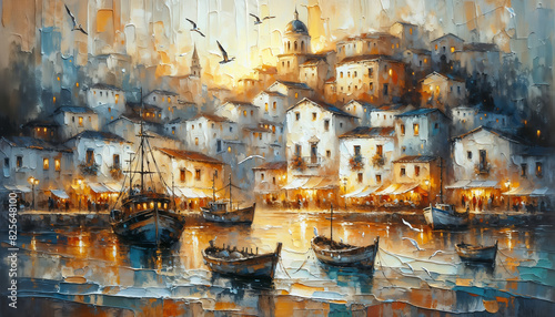 Dreamy Harbor Textured Oil Painting Background. Wallpapers. Website banners. Oil paint splatter illustration background. Featuring muted colors and a textured, painterly style