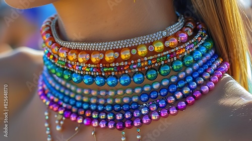 A close-up of colorful bracelets and accessories worn by attendees at an LGBTQ pride celebration