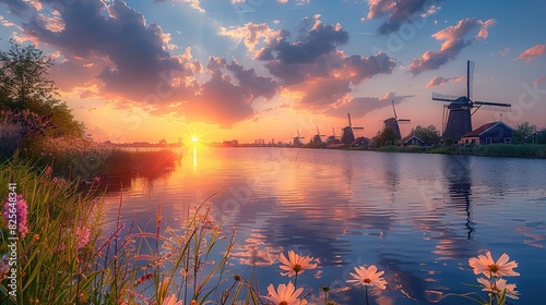 Sunset over a serene Dutch landscape with a row of historic windmills and waterfront houses - Generative Ai
