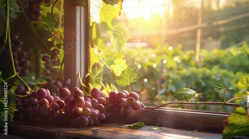 Sunlit Vineyard: A sprawling field of grapevines basking in warm sunlight, with clusters of ripe grapes hanging from the vines and a clear blue sky above.
