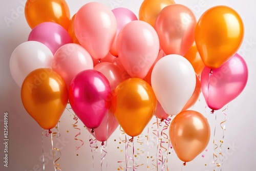 Celebration festive birthday wedding party banner greeting card - Orange pink white balloons, isolated on white wall background 