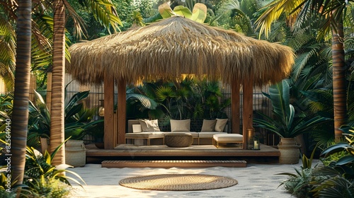 Private cabana at a luxury beach resort, exclusive retreat surrounded by tropical flora, calm and serene atmosphere, morning light