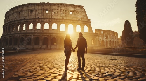 Portrait of attractive cute lover holding hands and walking at colosseum at sun set. Couple of energetic tourist enjoy looking at impressive view and enjoy exploring ancient tourist attraction. AIG42.