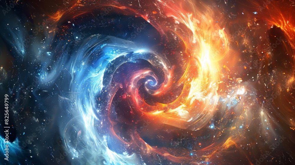 Fototapeta premium In a dazzling scene the fermion and boson entwine their energies spiraling and intertwining.