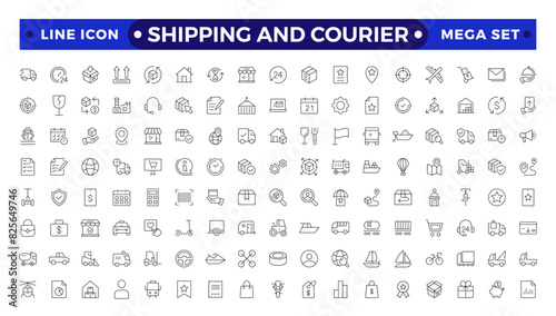 Shipping And Courier icon. Delivery service outline icon set. Containing order tracking, delivery home, warehouse, truck, scooter, courier Sea Air, Date, Return Search Parcel,  and cargo icons.