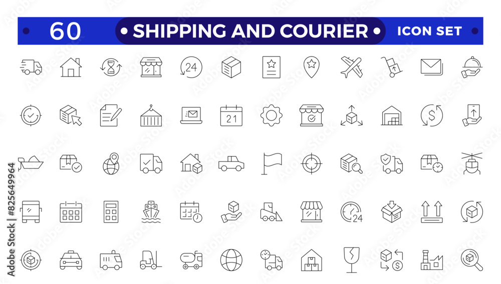 Shipping And Courier icon. Delivery service outline icon set. Containing order tracking, delivery home, warehouse, truck, scooter, courier Sea Air, Date, Return Search Parcel, and cargo icons. Shipping And Courier icon. Delivery service outline icon set. Containing order tracking, delivery home, warehouse, truck, scooter, courier Sea Air, Date, Return Search Parcel, and cargo icons.