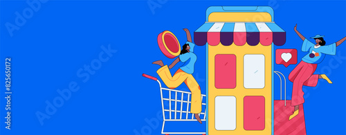 Holiday shopping people doing e-commerce online shopping flat vector concept operation hand drawn illustration
