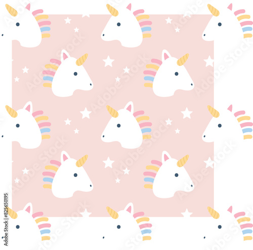 Cute Seamless Repeat Vector Pattern Unicorn Head on pink with stars