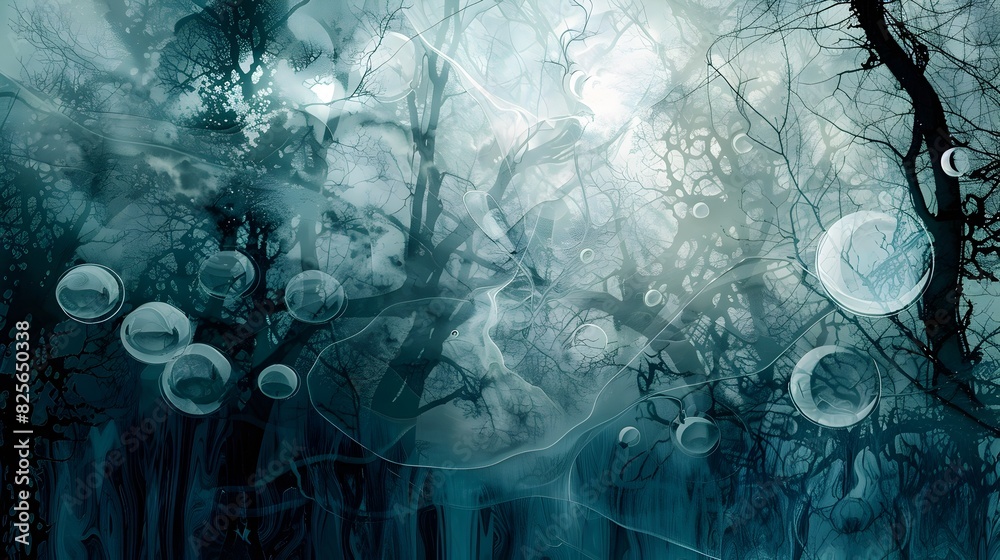 Ethereal Digital Drawing of Captivating Forest Clearing with Fluid Motions and Delicate Bubbles