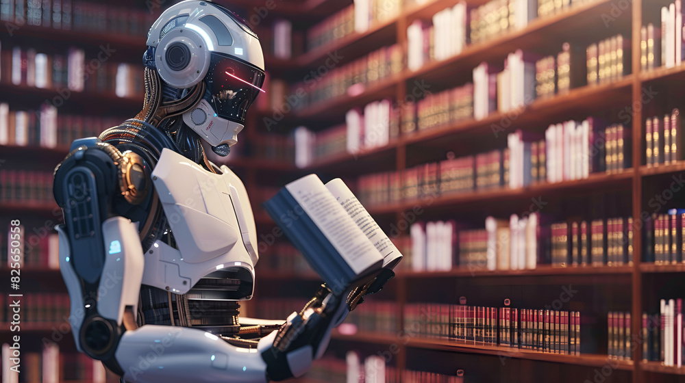 library books on a library with robot
