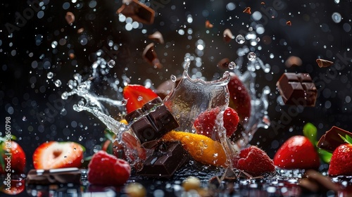 Fruit and chocolate splashing in water on a black background, a dynamic photo with a splash of fruit juice or orangeade. A water explosion with fruits and dark chocolates.