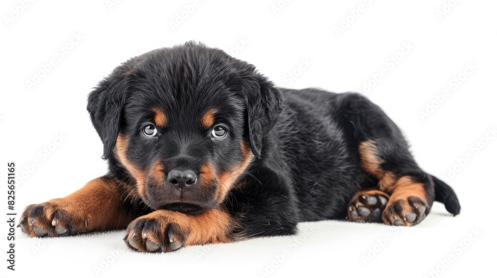 Adorable Rottweiler puppy posing in a studio with a white backdrop