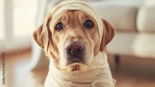 Patient's dog wrapped in a bandage