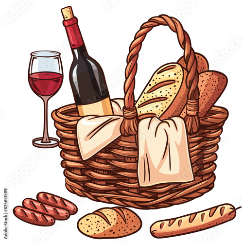 Picnic basket filled with food and drinks