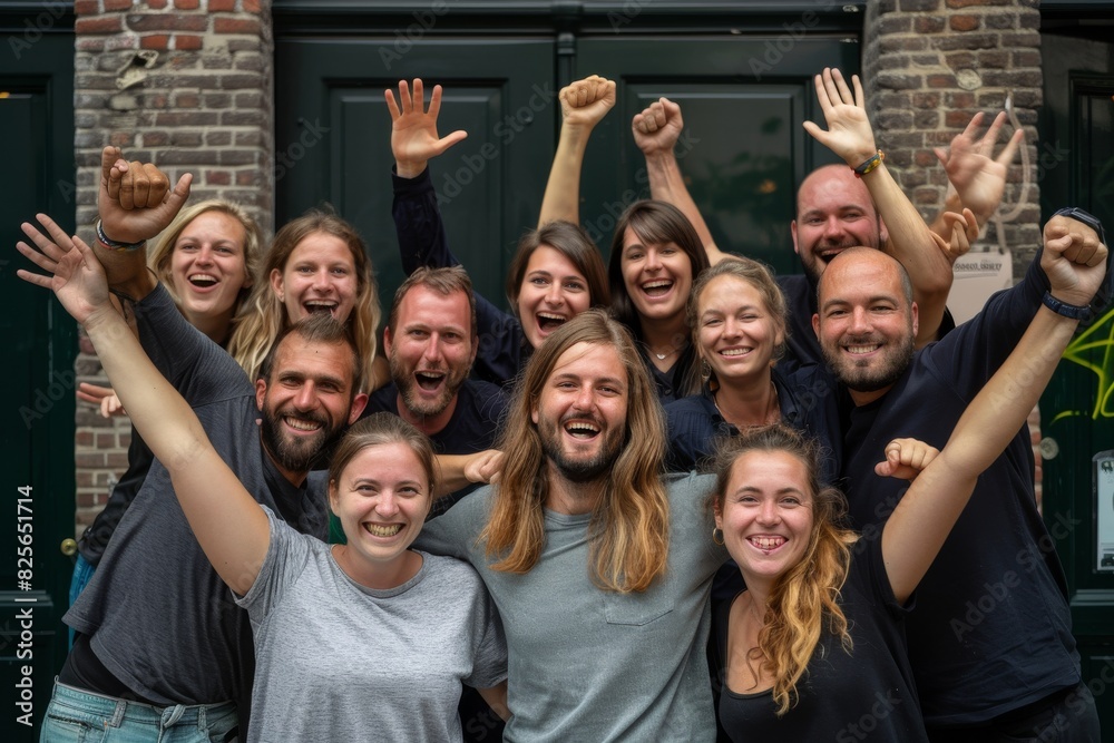 Group of friends laughing and having fun together at a rooftop party.
