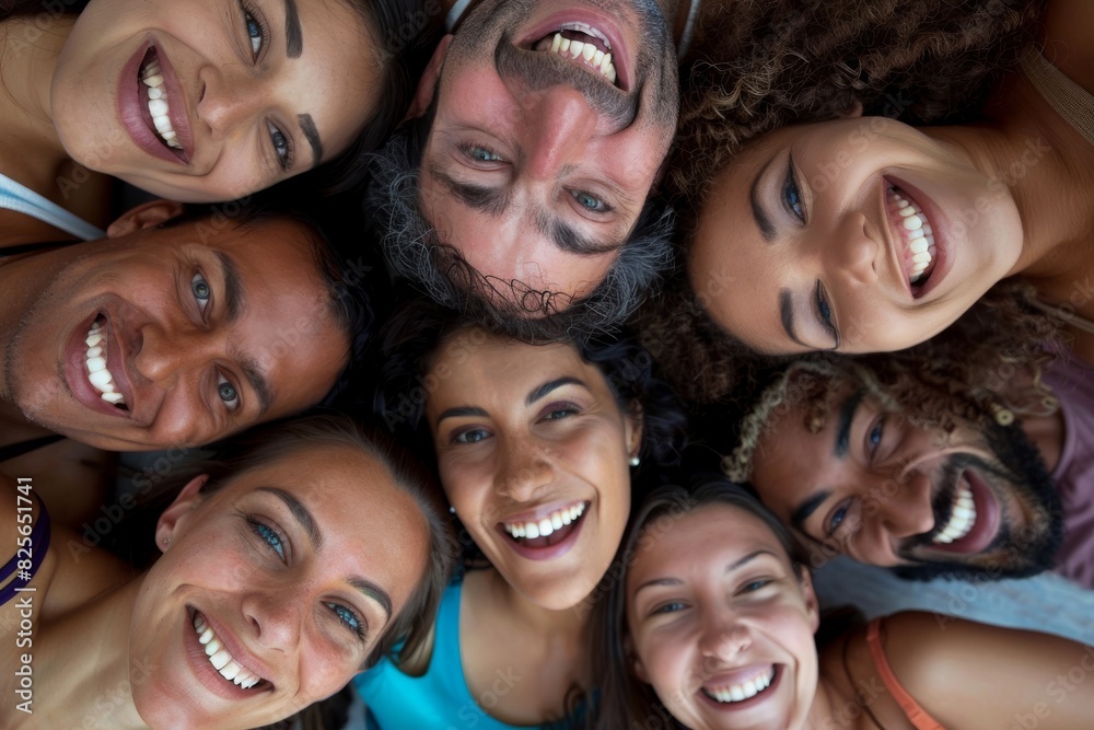 Group of diverse friends smiling and looking at camera. Top view.
