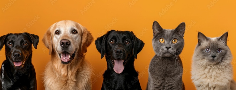 Group of dogs and cats sitting in front of vibrant orange background, with one dog gazing at the camera