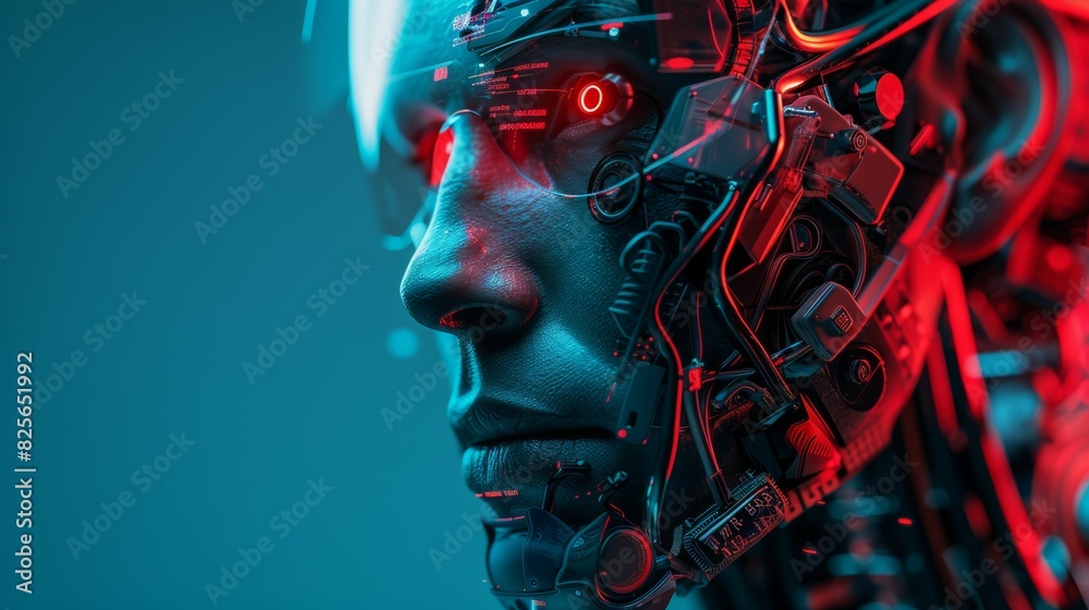 A man's face is shown in a futuristic setting with red lighting A man's face is shown in a futuristic setting with red lighting