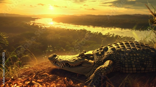 A large crocodile is laying on the ground in front of a river