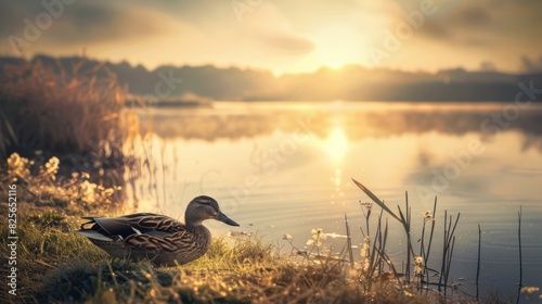 A duck is sitting on the grass by a lake photo