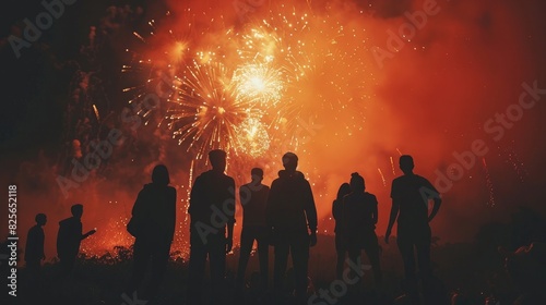 group of people celebrating the new year, fireworks in sky, silhouettes, night scene, red and orange color theme, realistic photo