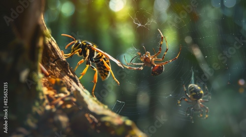 A yellow and black wasp is attacking a spider